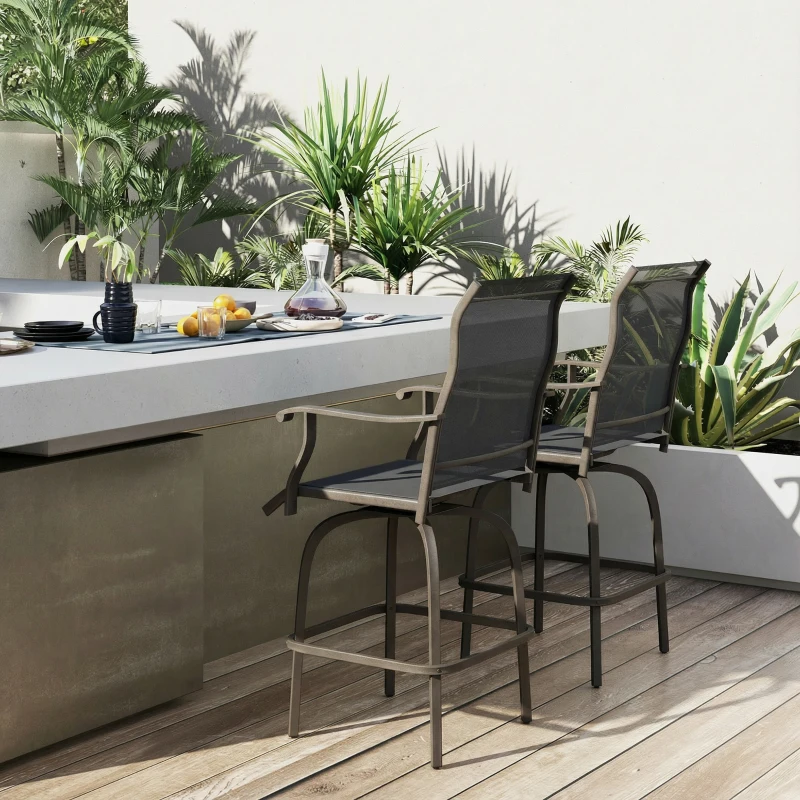 Outsunny Outdoor Bar Stools Set of 2, Swivel Bar Height Chairs with High Back, Curved Armrests and Steel Frame, Black