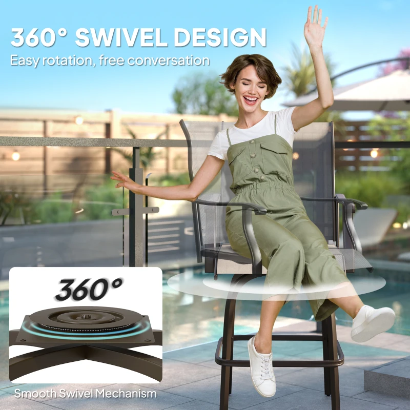 Outsunny Outdoor Bar Stools Set of 2, Swivel Bar Height Chairs with High Back, Curved Armrests and Steel Frame, Light Grey