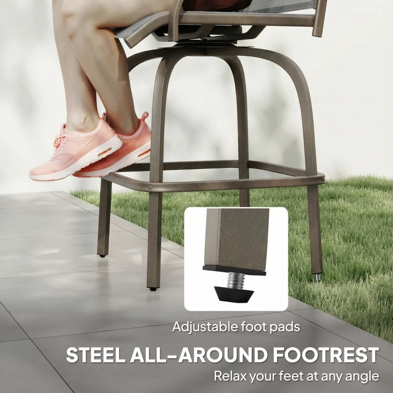 Outsunny Outdoor Bar Stools Set of 2, Swivel Bar Height Chairs with High Back, Curved Armrests and Steel Frame, Light Grey