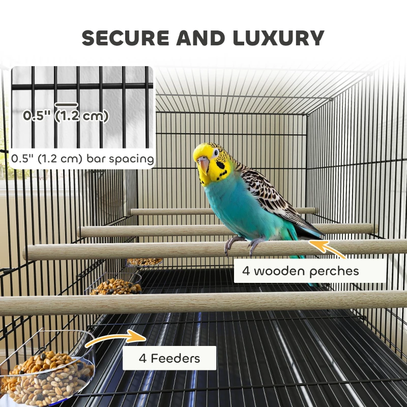 PawHut 46" H Bird Cage, Large Parakeet Cage for Budgie, Lovebird, Canary, Finches with Divider, Black
