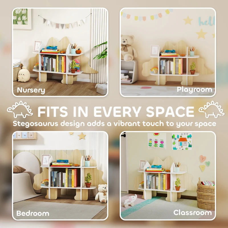 Qaba Dinosaur Themed Kids Bookshelf, 2 Tier Kids Bookcase, for Playroom, Bedroom, Living Room, Kids Room, Natural