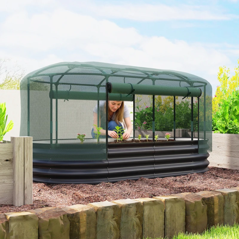 Outsunny 6' x 3' Galvanized Raised Garden Bed with Crop Cage Net Cover and Watering System, Outdoor Planter Box, Dark Grey