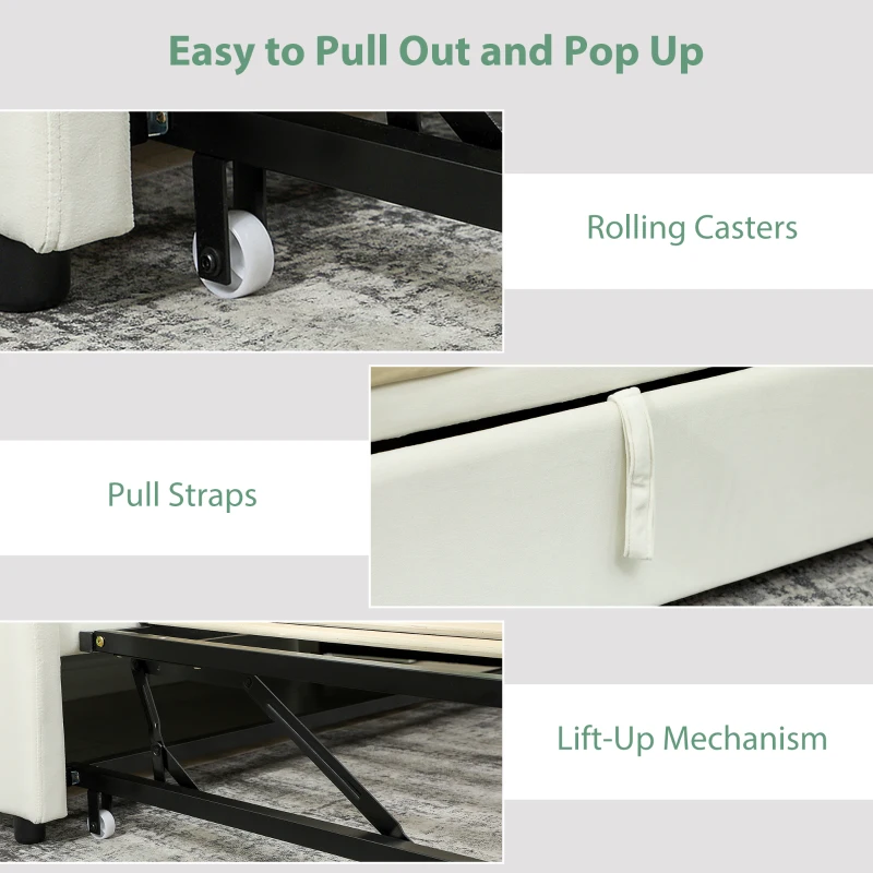 HOMCOM Upholstered Twin Trundle Bed, Extendable Twin to King Day Bed with Headboard and Armrests, Cream White