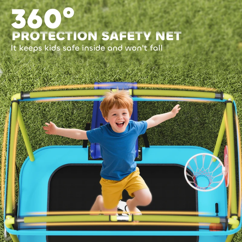 Qaba 70" x 47" Trampoline for Kids Indoor & Outdoor with Slide, Swing, Basketball Hoop and Safety Enclosure, Light Blue