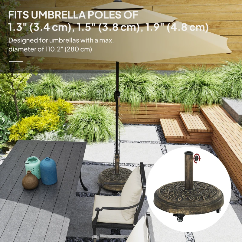 Outsunny 46 lbs Resin Round Patio Umbrella Base, Umbrella Stand with Wheels, Outdoor Umbrella Stand for 1.3"/1.5"/1.9" Umbrella Poles for Outdoor, Lawn, Poolside, Bronze