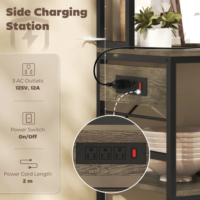 HOMCOM Kitchen Baker's Rack with Power Outlet and LED Light, 5-Tier Coffee Bar Station with 10 Hooks, Grey