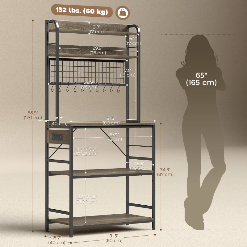 HOMCOM Kitchen Baker's Rack with Power Outlet and LED Light, 5-Tier Coffee Bar Station with 10 Hooks, Grey