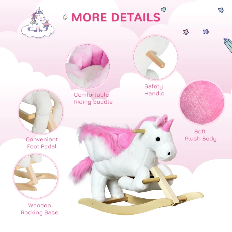 Qaba Unicorn Baby Rocking Horse Toy for Kids with Lullaby Song, Plush Ride on Horse with Heavy-Duty Support System, Interactive Toy Pretend Play Toy for Toddlers 18-36 Months