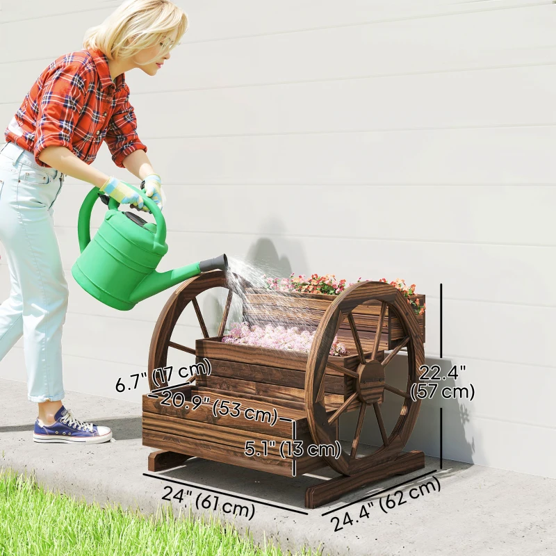 Outsunny Wooden Wagon Planter Box, 3-Tier Raised Garden Bed, for Vegetables Flowers Herbs, 24" x 24" x 22", Carbonized