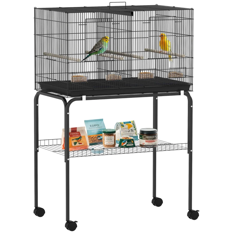 PawHut 46" H Bird Cage, Large Parakeet Cage for Budgie, Lovebird, Canary, Finches with Divider, Black