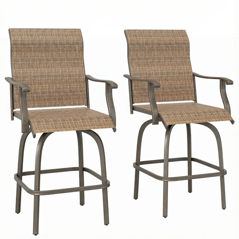 Outsunny Outdoor Bar Stools Set of 2, Swivel Bar Height Chairs with High Back, Curved Armrests and Steel Frame for Balcony, Brown