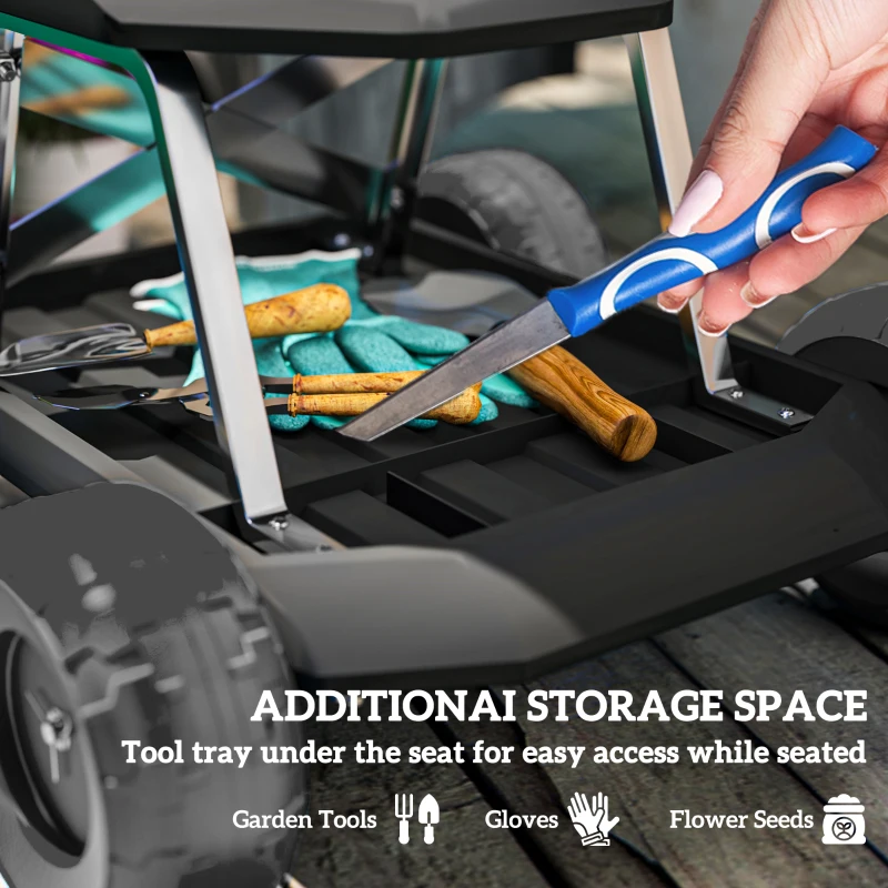 Outsunny Garden Seat with Wheels, Rolling Garden Stool with Tool Tray, Cart for Outdoor Work, 19.7" x 19.3" x 12.6", Black