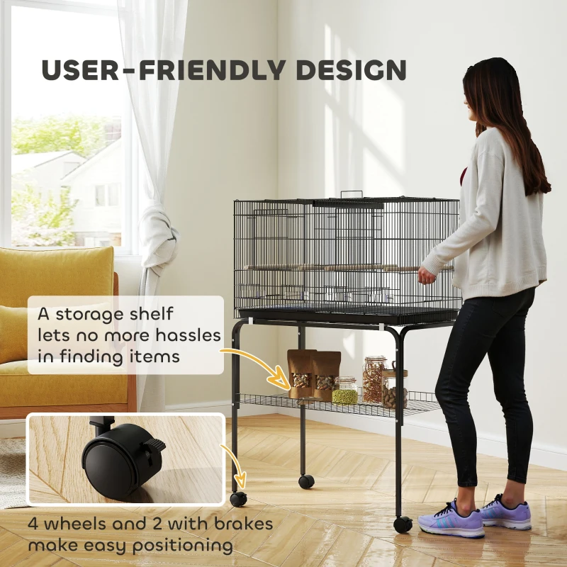 PawHut 46" H Bird Cage, Large Parakeet Cage for Budgie, Lovebird, Canary, Finches with Divider, Black