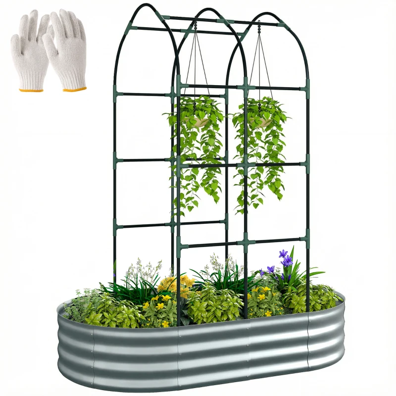 Outsunny Galvanised Raised Garden Bed with Arched Trellis, 5 x 3 x 6ft Metal Outdoor Planter Box with Open Bottom, Silver
