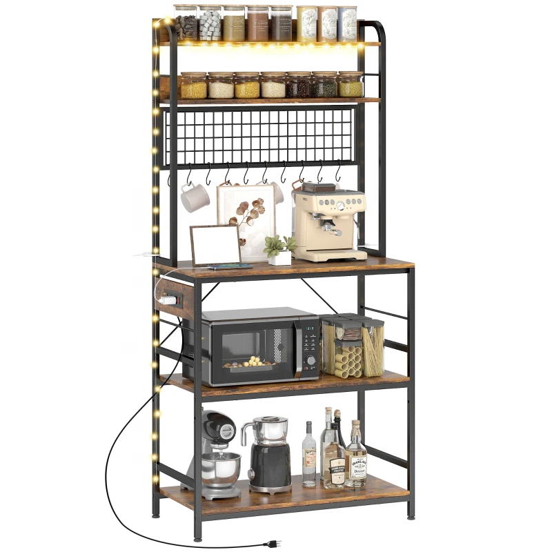 HOMCOM Kitchen Baker's Rack with Power Outlet and LED Light, 5-Tier Coffee Bar Station with 10 Hooks, Rustic Brown