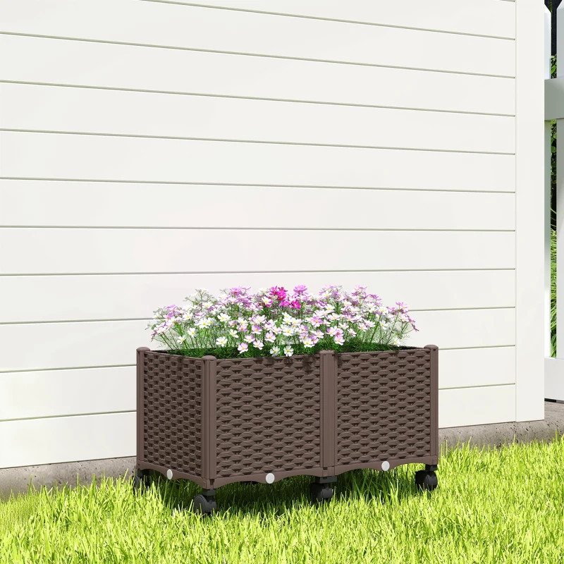 Outsunny Plastic Raised Garden Bed, Indoor Outdoor Self Watering Planter Box with Drainage Holes and Plugs for Flowers