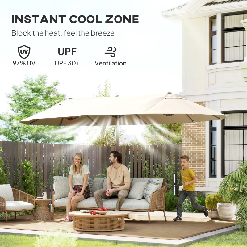 Outsunny 15' Outdoor Patio Umbrella with Twin Canopy Sunshade Steel Table Umbrella with Lift Crank Beige