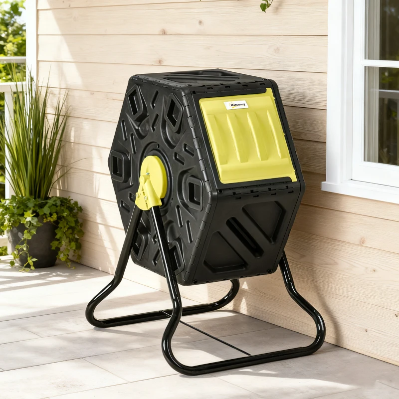 Outsunny Rotating Composter, Compost Bin with 24 Vents and Steel Legs, 17 Gallon, Yellow