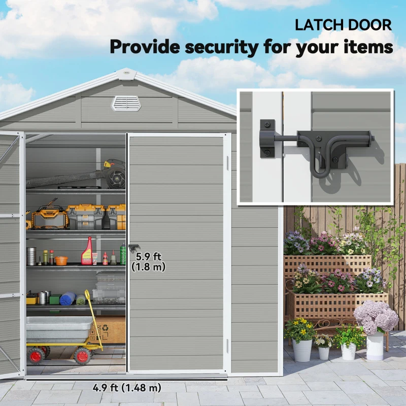 Outsunny 8' x 6' Plastic Garden Storage Shed with Latch Door, Vents, Sloped Roof, Light Grey