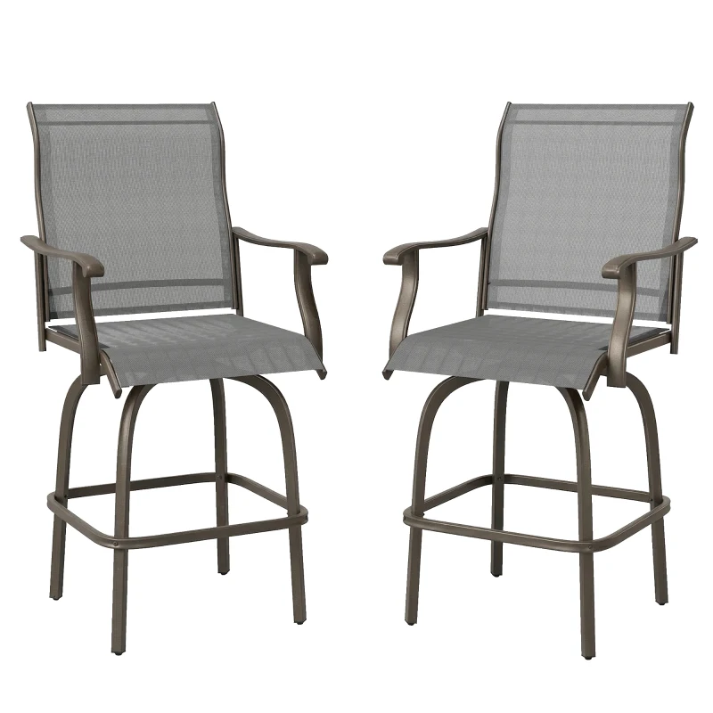 Outsunny Outdoor Bar Stools Set of 2, Swivel Bar Height Chairs with High Back, Curved Armrests and Steel Frame, Light Grey