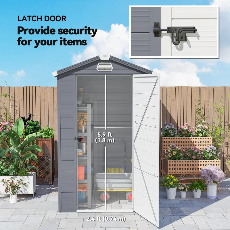 Outsunny 4.5' x 6' Plastic Garden Storage Shed with Latch Door, Vents, Sloped Roof, Dark Grey