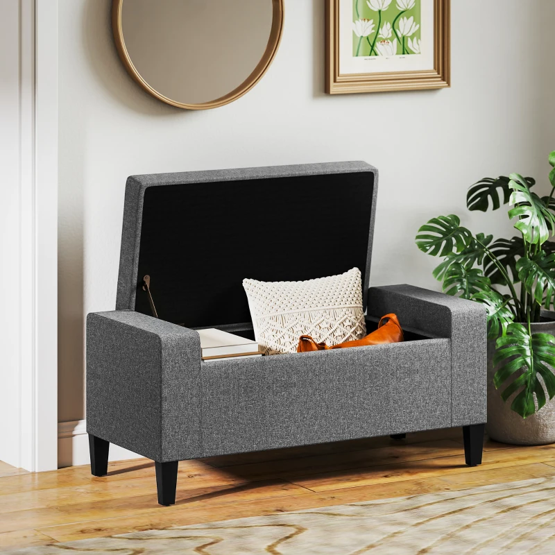 HOMCOM 36" Ottoman with Storage, Storage Ottoman Bench with Lift Top and Rubberwood Legs, Linen Upholstered Entryway Bench with Seating for Living Room, Bedroom, Holds up to 330 lb, Gray