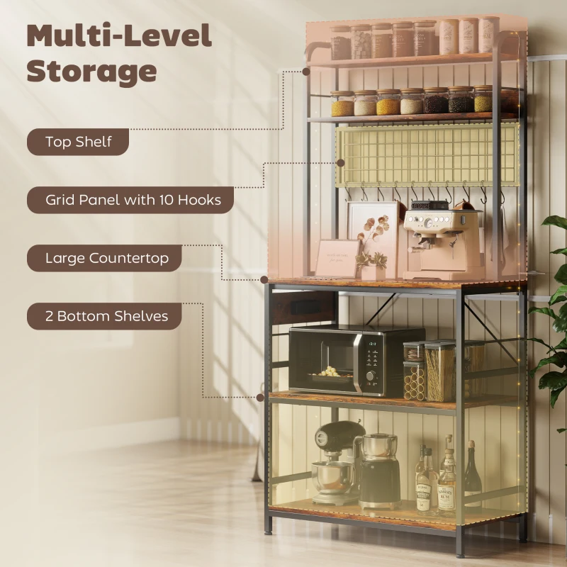 HOMCOM Kitchen Baker's Rack with Power Outlet and LED Light, 5-Tier Coffee Bar Station with 10 Hooks, Rustic Brown