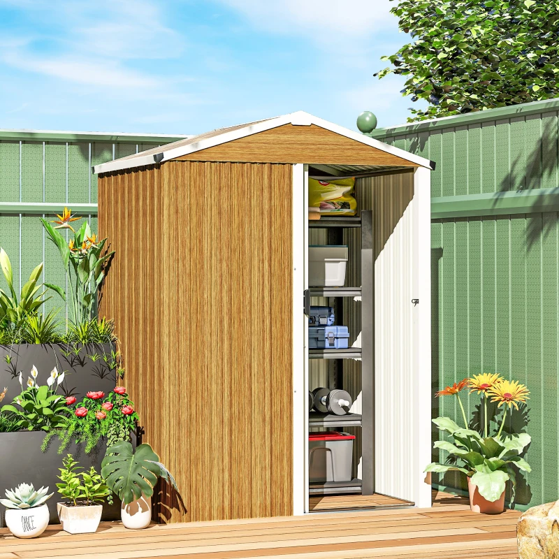 Outsunny 4.5 x 3ft Outdoor Storage Shed, Waterproof Metal Garden Shed with Lockable Door for Backyard, Patio, Lawn, Wood Grain