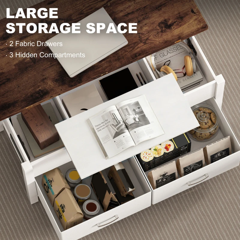 HOMCOM Lift Top Coffee Table, Center Table with 3 Hidden Compartments, 2 Fabric Drawers, Expandable Top and Charging Station