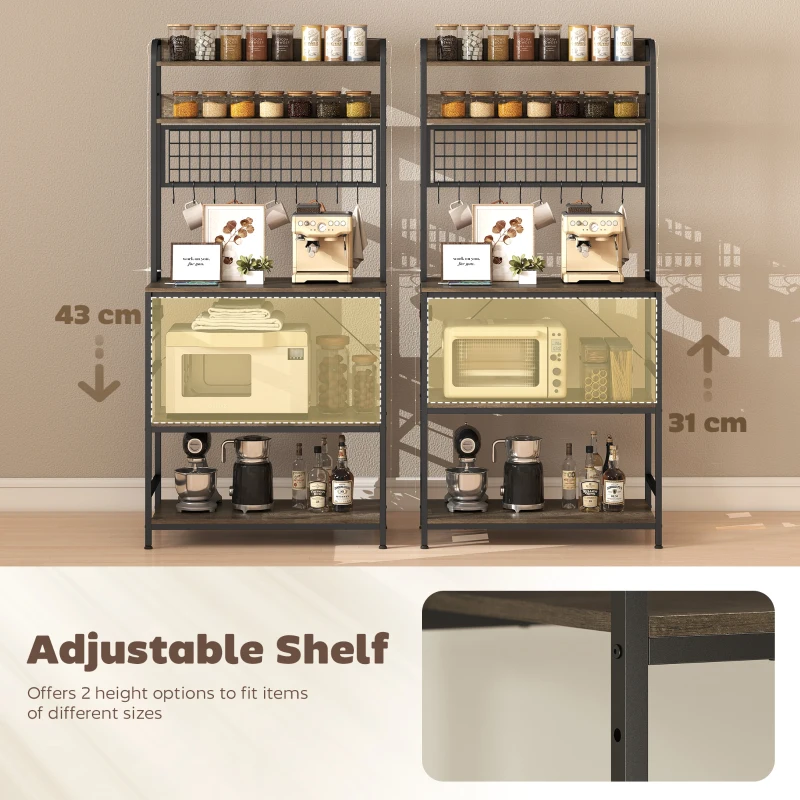 HOMCOM Kitchen Baker's Rack with Power Outlet and LED Light, 5-Tier Coffee Bar Station with 10 Hooks, Grey