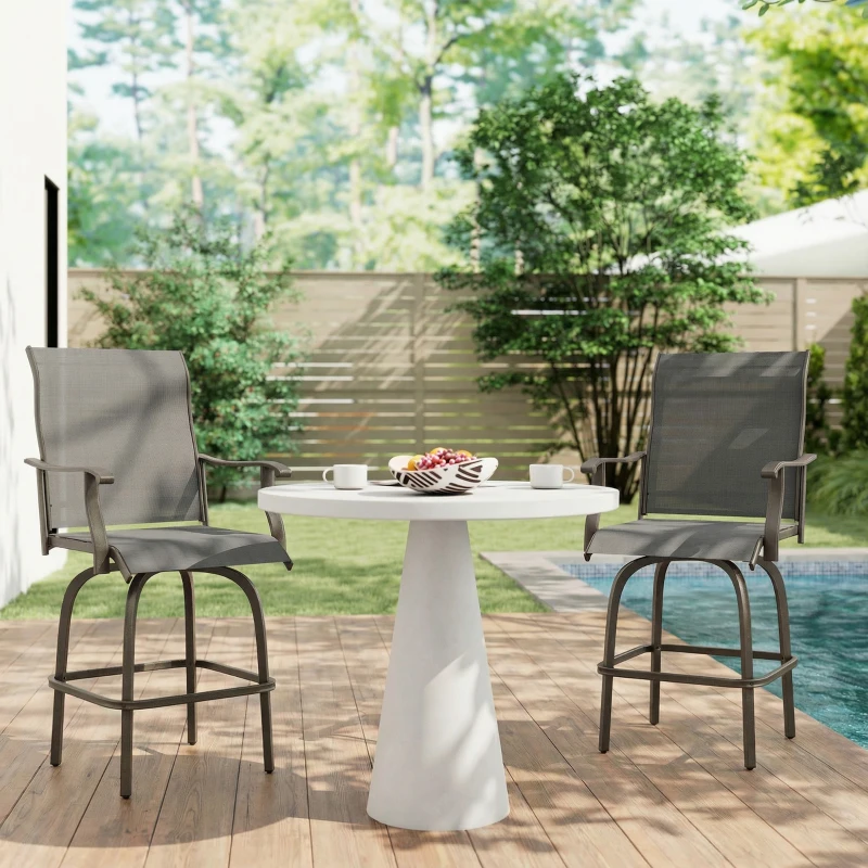 Outsunny Outdoor Bar Stools Set of 2, Swivel Bar Height Chairs with High Back, Curved Armrests and Steel Frame, Black