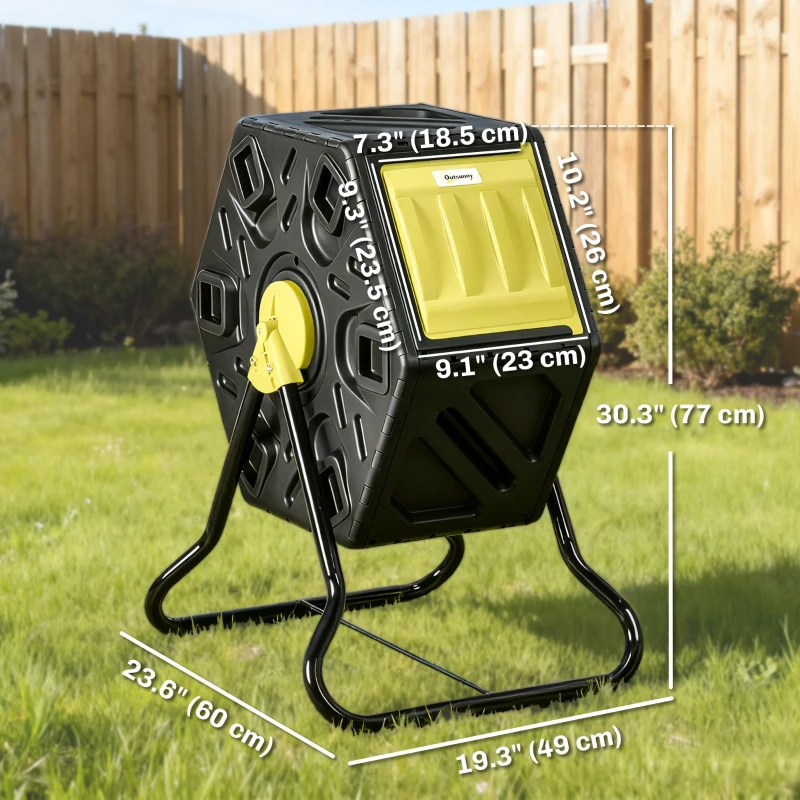 Outsunny Rotating Composter, Compost Bin with 24 Vents and Steel Legs, 17 Gallon, Yellow