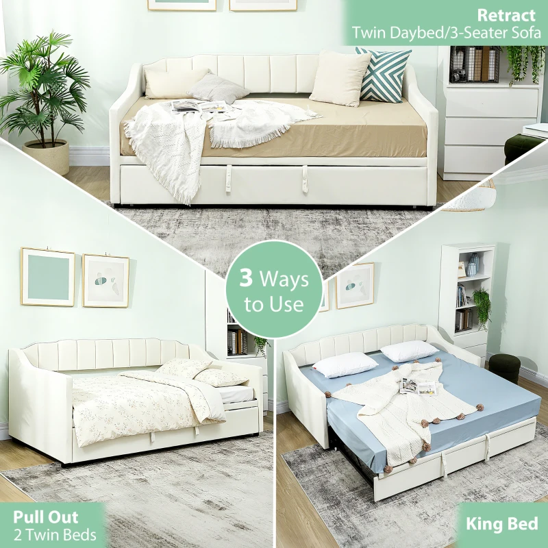 HOMCOM Upholstered Twin Trundle Bed, Extendable Twin to King Day Bed with Headboard and Armrests, Cream White