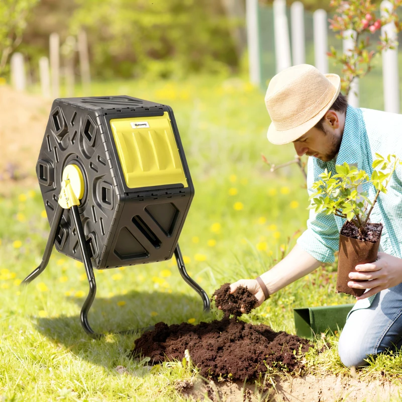 Outsunny Rotating Composter, Compost Bin with 24 Vents and Steel Legs, 17 Gallon, Yellow