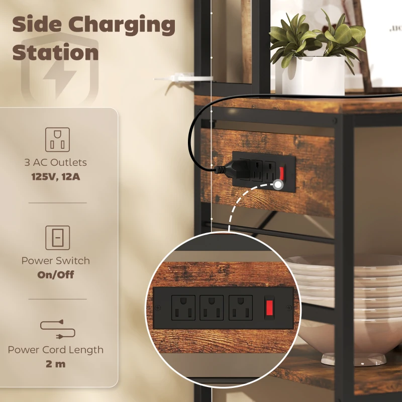 HOMCOM Kitchen Baker's Rack with Power Outlet and LED Light, 5-Tier Coffee Bar Station with 10 Hooks, Rustic Brown