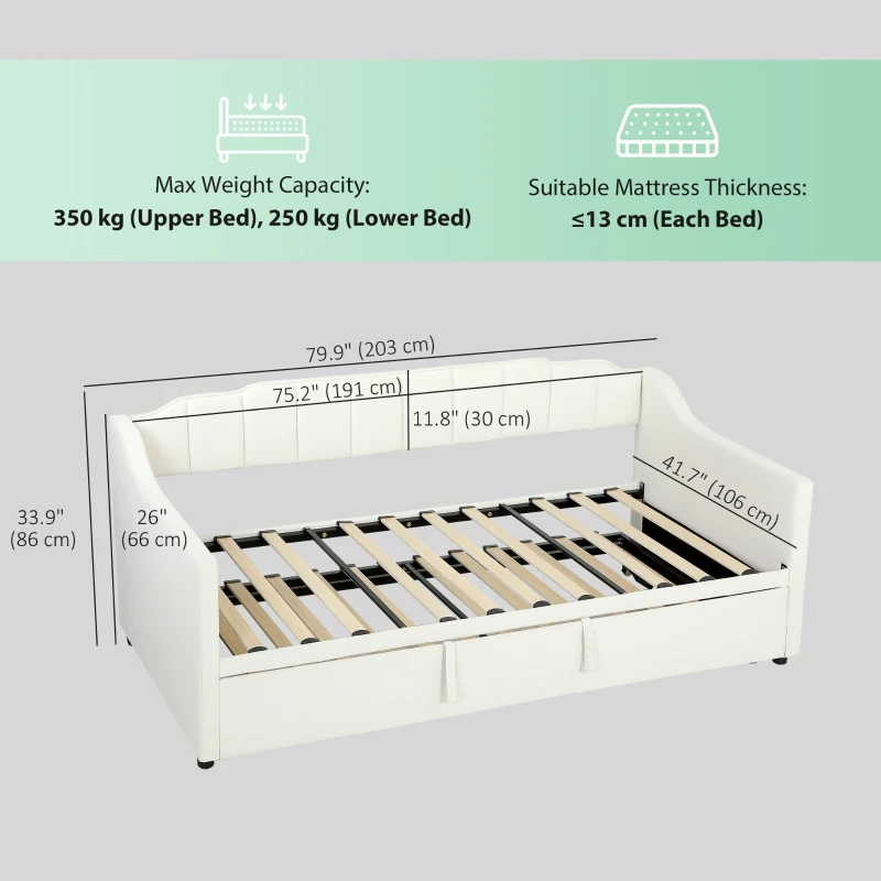 HOMCOM Upholstered Twin Trundle Bed, Extendable Twin to King Day Bed with Headboard and Armrests, Cream White