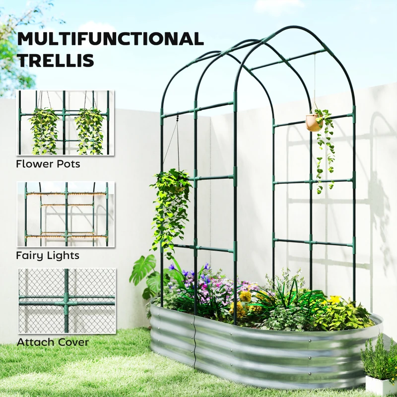 Outsunny Galvanised Raised Garden Bed with Arched Trellis, 5 x 3 x 6ft Metal Outdoor Planter Box with Open Bottom, Silver