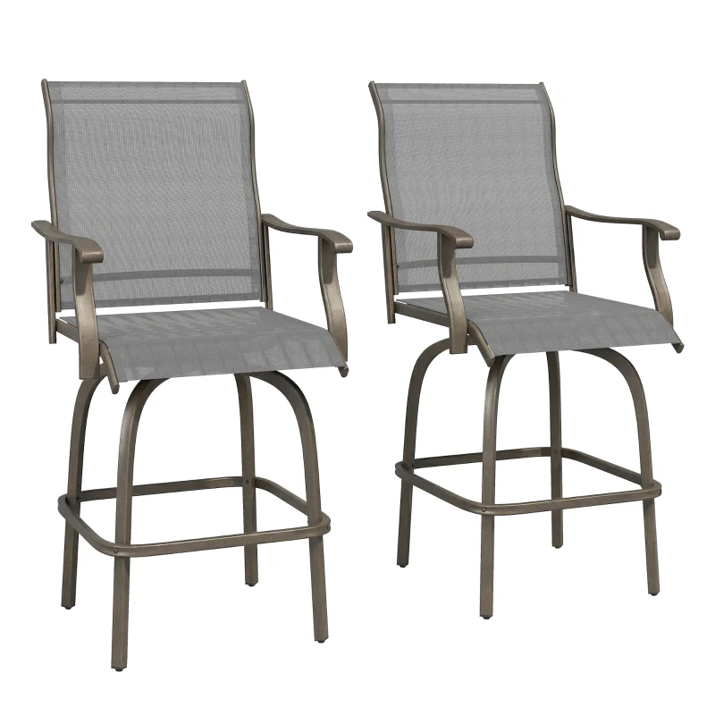 Outsunny Outdoor Bar Stools Set of 2, Swivel Bar Height Chairs with High Back, Curved Armrests and Steel Frame, Light Grey