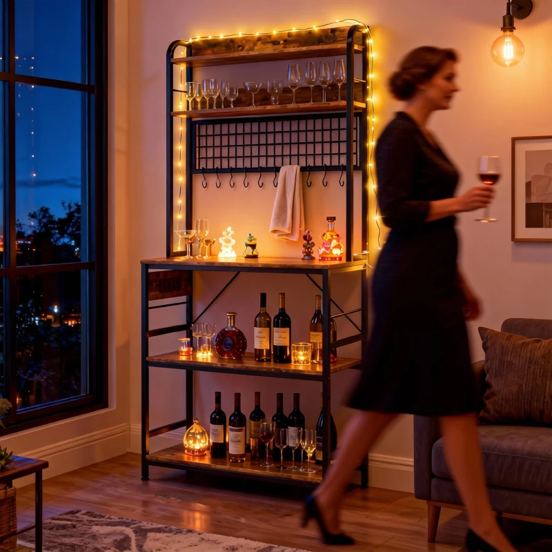 HOMCOM Kitchen Baker's Rack with Power Outlet and LED Light, 5-Tier Coffee Bar Station with 10 Hooks, Rustic Brown