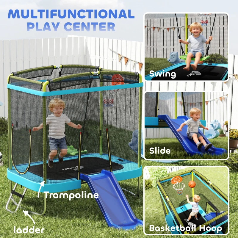 Qaba 70" x 47" Trampoline for Kids Indoor & Outdoor with Slide, Swing, Basketball Hoop and Safety Enclosure, Light Blue