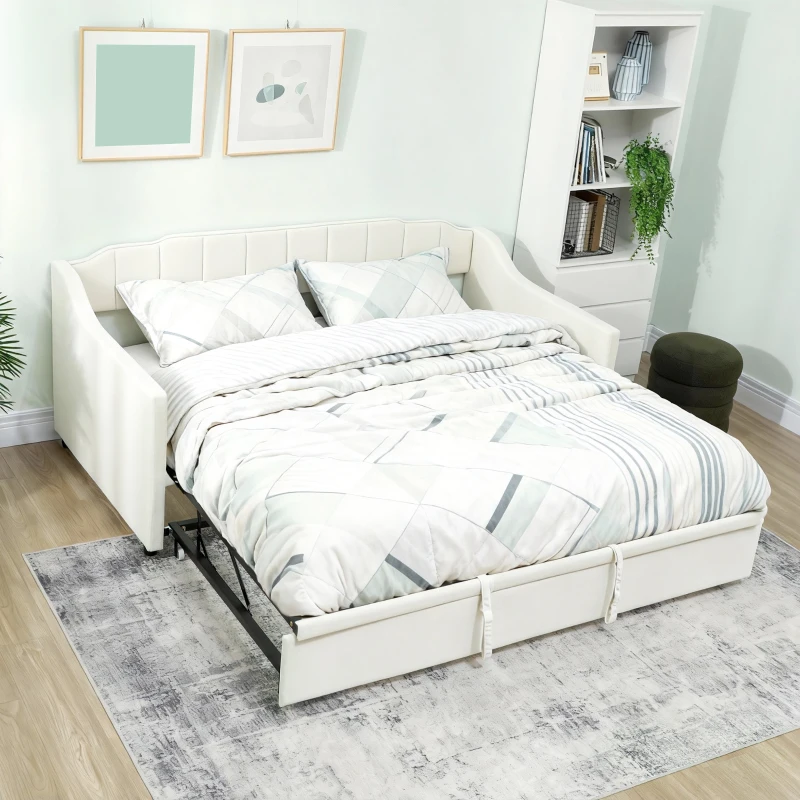 HOMCOM Upholstered Twin Trundle Bed, Extendable Twin to King Day Bed with Headboard and Armrests, Cream White