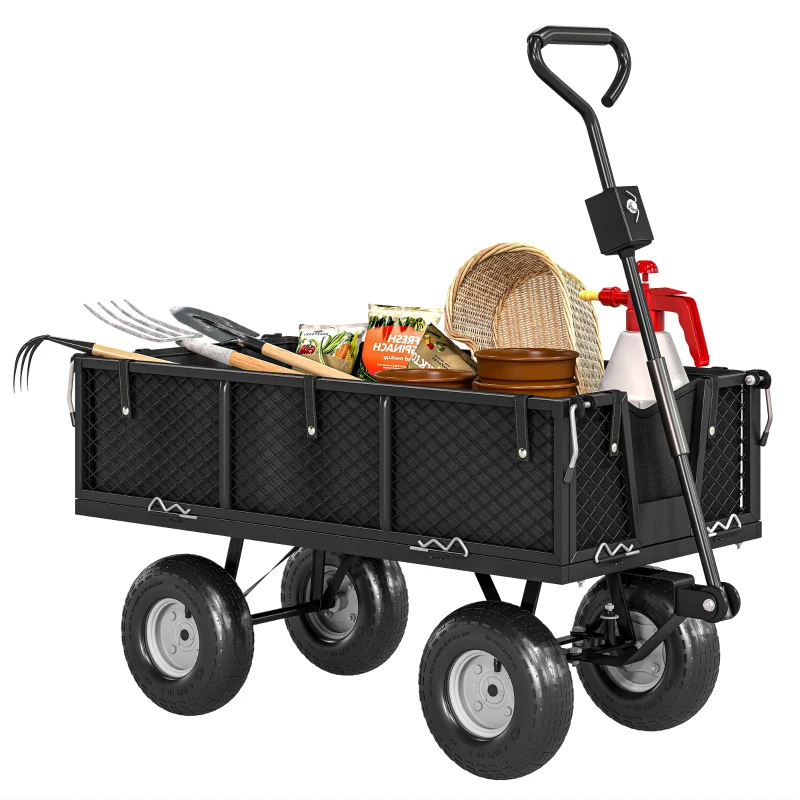 Outsunny Steel Garden Cart, Utility Wagon Cart with Removable Liner, Quick-Release Sides, 10" Wheels, 660lbs Capacity