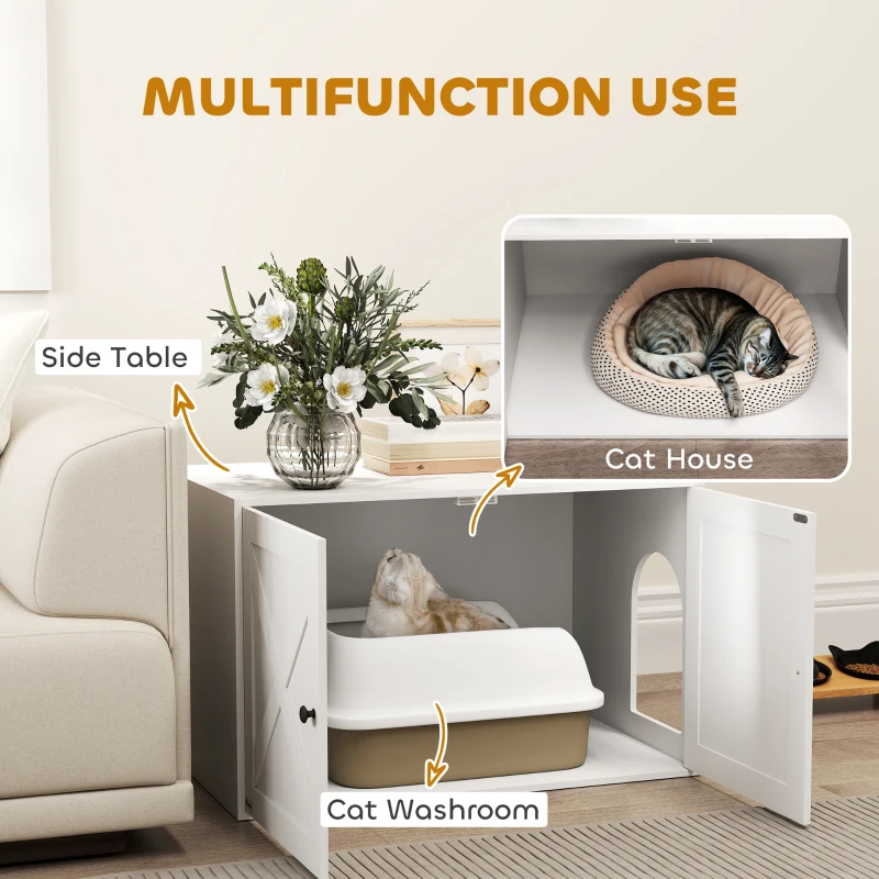 PawHut Cat Litter Box Enclosure with Barn Door, Cat Hole, 31.5" x 21" x 20", White