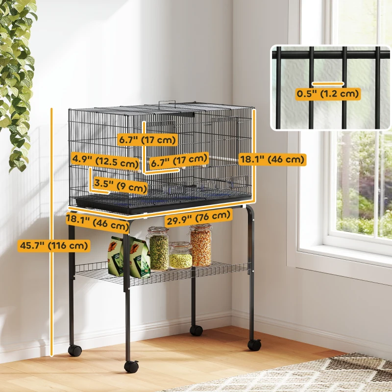 PawHut 46" H Bird Cage, Large Parakeet Cage for Budgie, Lovebird, Canary, Finches with Divider, Black