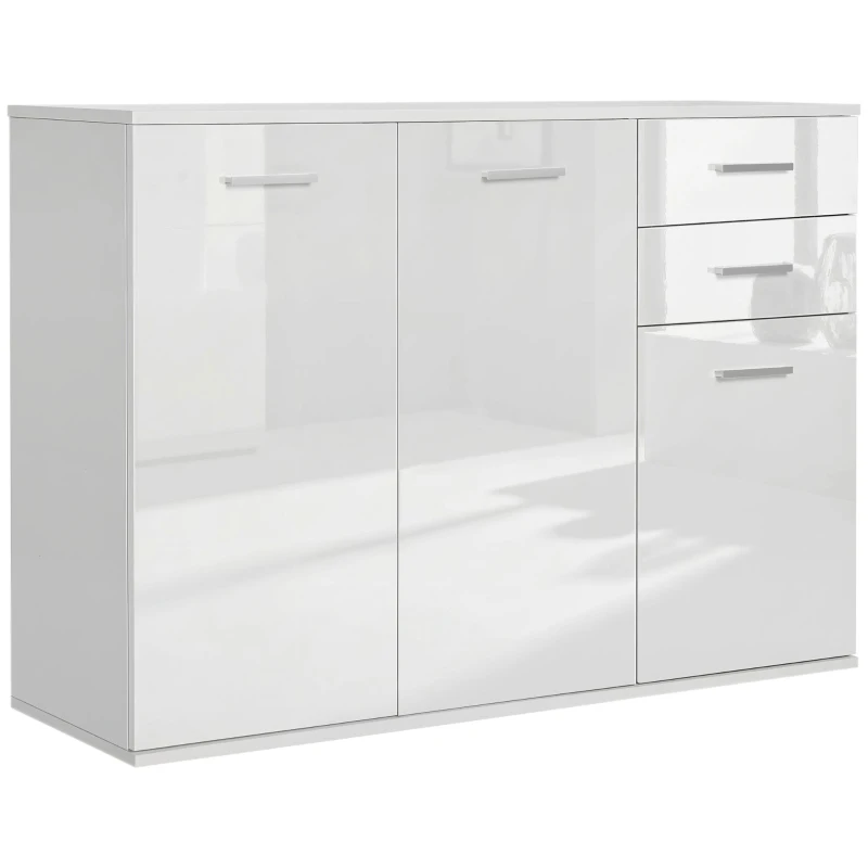 HOMCOM High Gloss Sideboard with 2 Drawers and 3 Doors, Buffet Cabinet with Adjustable Shelf, Coffee Bar Cabinet with Storage, White