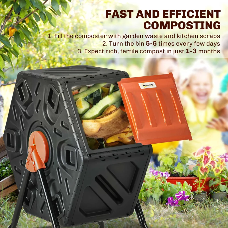 Outsunny Rotating Composter, Compost Bin with 24 Vents and Steel Legs, 17 Gallon, Orange