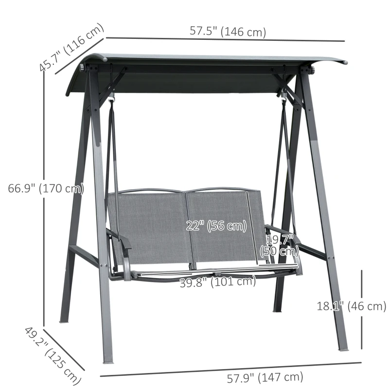 Outsunny 2-Seat Outdoor Porch Swing Patio Swing with Adjustable Canopy, Removable Seat and and Steel Frame for Garden, Poolside