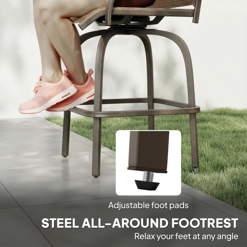 Outsunny Outdoor Bar Stools Set of 2, Swivel Bar Height Chairs with High Back, Curved Armrests and Steel Frame for Balcony, Brown