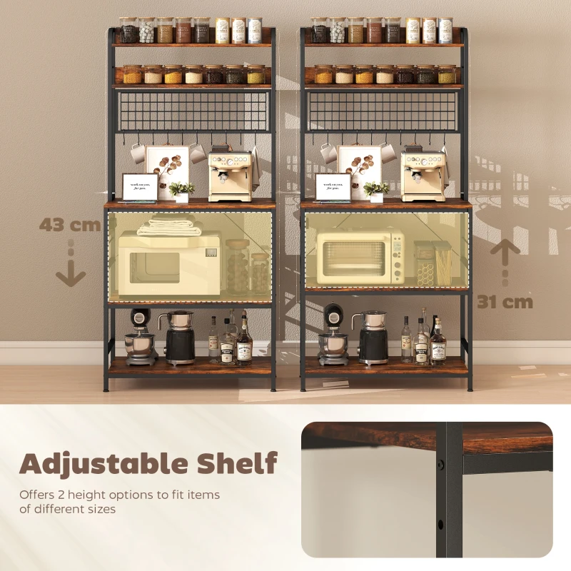 HOMCOM Kitchen Baker's Rack with Power Outlet and LED Light, 5-Tier Coffee Bar Station with 10 Hooks, Rustic Brown