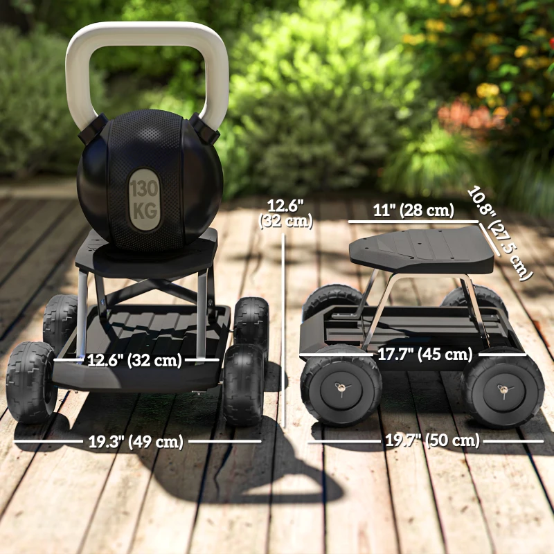 Outsunny Garden Seat with Wheels, Rolling Garden Stool with Tool Tray, Cart for Outdoor Work, 19.7" x 19.3" x 12.6", Black